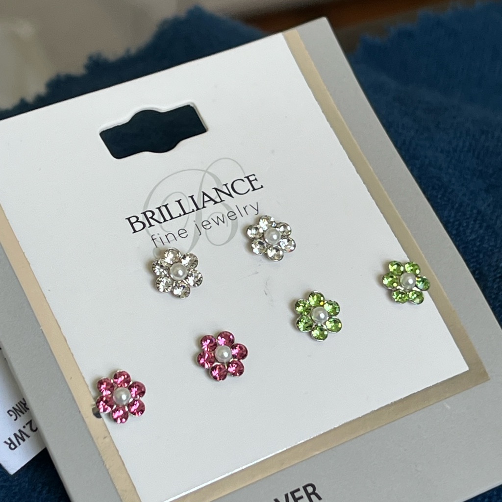 925 Sterling Silver, Jewelry Flower Stud Earrings Set - Pink, Green, Silver